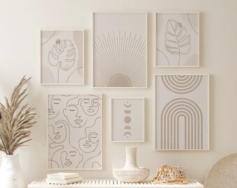 Neutral Gallery Wall Set Prints, Set Of 6 Prints, Neutral Boho Wall Decor, Set Botanical Art Prints, Minimalist Gallery, Printable Wall Art
