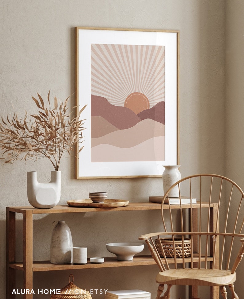 Abstract Sun Print Neutral Landscape Wall Art Boho Mountains Etsy