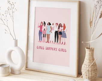 Mädchen unterstützen Mädchen, feministisches Poster, Mädchen-Kinderzimmer-Wandkunst, Schwesternschafts-Wanddeko, feministische Kunst, Mädchenzimmer