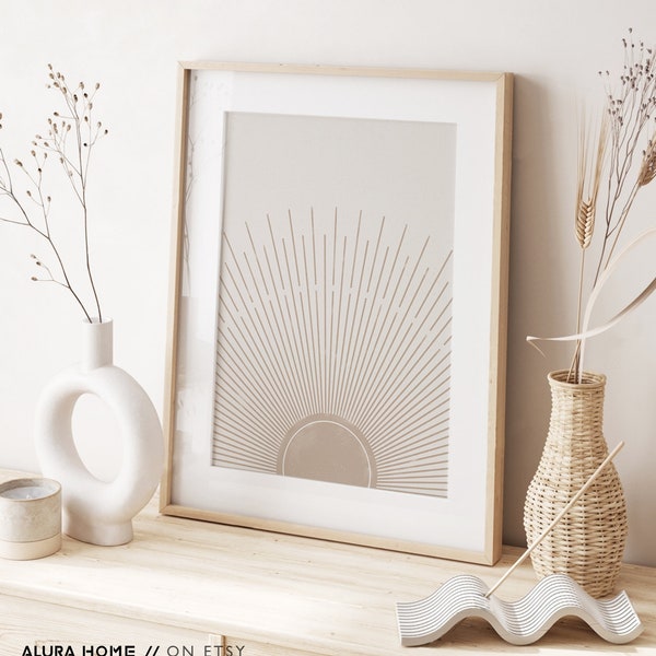 Sunburst Print, Abstract Sun Print, Neutral Wall Art, Horizon Sun Print, Beige Color, Boho Sun Print, Sunshine Art, Neutral Sunset Print