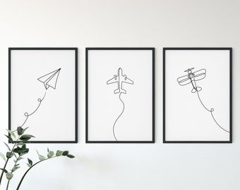 Airplane Prints Set of 3, Airplane Line Art Print, Nursery Wall Art, Plane Drawing, Airplane Nursery, Plane Print, Aviation Decor, Printable