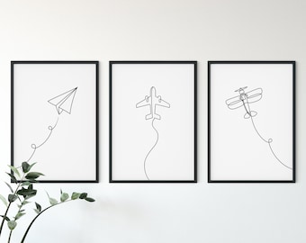 Airplane Prints Set of 3, Airplane Line Art Print, Nursery Wall Art, Plane Drawing, Airplane Nursery, Plane Print, Aviation Decor, Printable