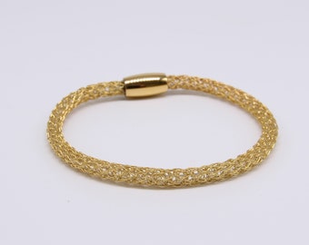 knitted silver bracelet, gold-plated, hole pattern magnetic clasp