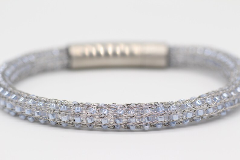 Knitted pearl bracelet bracelet with light blue beads image 1