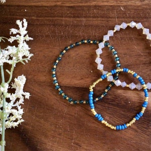 Blue-Green/White Beaded Bracelets Set of 3