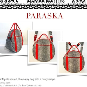 Puede incluir: Un bolso redondo con estampado gris y blanco y ribetes rojos. El bolso tiene una forma curvada y se puede llevar como mochila, bolso de hombro o bolso de mano. Mide 29 cm de diámetro y 13 cm de alto.