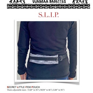 May include: A black, long-sleeved shirt with a black and white patterned waist pouch. The pouch has a black strap and a zipper. The text "SECRET LITTLE ITEM POUCH" is printed in red above the pouch. The text "Three adjustable sizes - S (28" to 36"), M(38" to 46"), L(48" to 56")" is printed below the pouch.