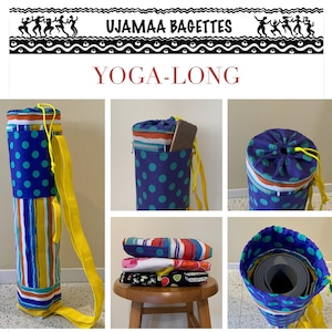 May include: A blue and yellow yoga mat bag with a drawstring closure and a yellow strap. The bag has a polka dot pattern and stripes. The bag is shown in different positions, including with a yoga mat inside and with a phone in the pocket. The bag is labelled "Ujamaa Bagettes Yoga-Long".