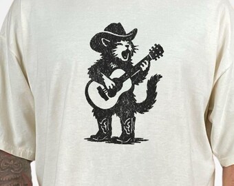 Cowboy Cat Shirt: Retro Western Guitar Tee - Comfort Colors