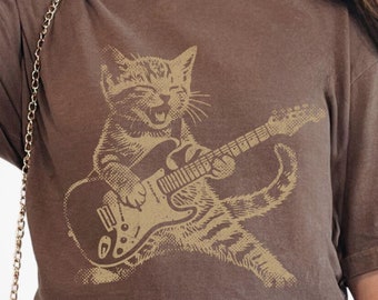 Camiseta divertida de gato con guitarra: camiseta retro de rock and roll de los 90, camiseta de gato tocando la guitarra