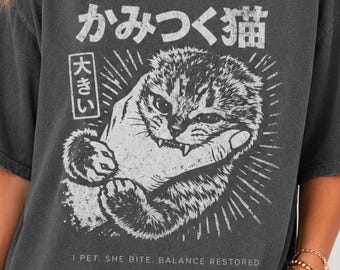 Cat Biting Shirt, Cat Bite Shirt, Funny Cat Shirt, Anime Shirt, Japanese Streetwear Tee, Vintage Cat Shirt, Cat Lover Gift