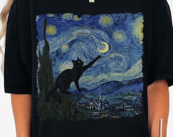 Van Gogh Cat Shirt, Starry Night Cat Tee, Black Cat Shirt, Gothic Art Shirt, Art Lover Gift, Vintage Painting Tee