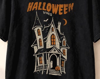 Camiseta de casa embrujada, camiseta con estilo vintage de Halloween, camiseta de temporada espeluznante, camiseta retro de Halloween, camiseta de terror gótico, camiseta gráfica de otoño