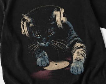 Camiseta de DJ Gato, Camiseta de Música de Gato, Camiseta de Gato con Auriculares, Camiseta de Disco de Vinilo, Regalo para Amantes de la Música, Regalo para Amantes de los Gatos