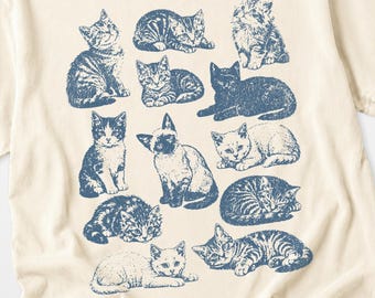 Camiseta vintage de gato, camiseta con estampado de gatito adorable, camiseta con collage de gato azul, regalo para amantes de los gatos, camiseta Comfort Colors