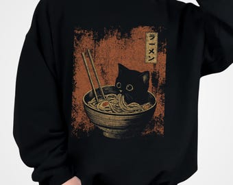 Ramen Cat Sweatshirt, Black Cat Ramen Hoodie, Japanese Kawaii Noodle Sweater, Cat Lover Gift