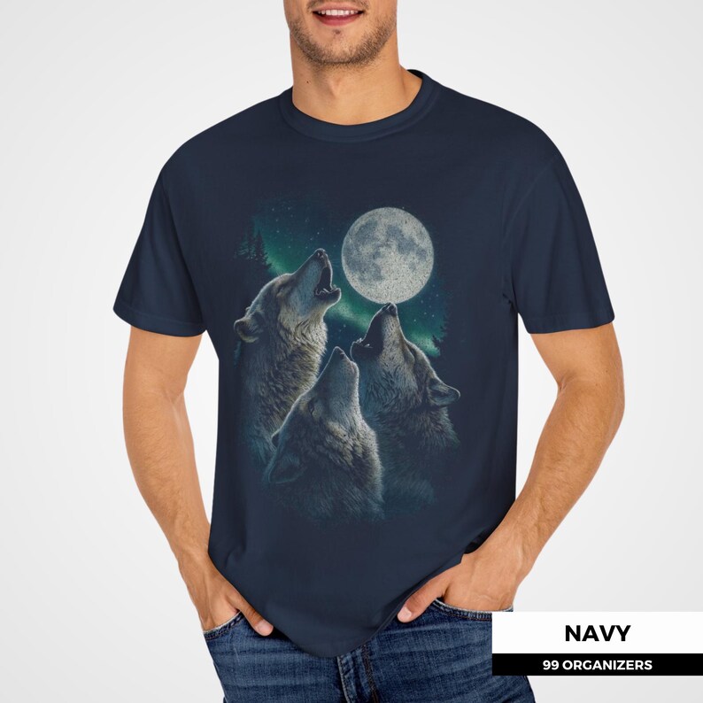 Three wolves howling beneath a luminous full moon, framed by northern pine trees and aurora-colored shadows. Detailed fur textures and grainy overlays capture a vintage outdoor feel — great for retro nature fans, forest wanderers, and wildlife lovers.