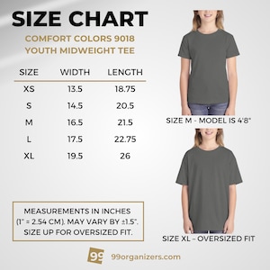 May include: A size chart for Comfort Colors 9018 youth midweight tees, listing widths and lengths in inches for sizes XS through XL. The chart includes two images of a youth wearing the shirt in size M and size XL, with text notes on fit.