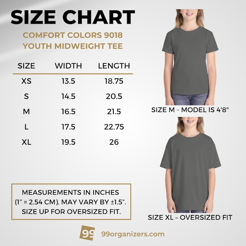 May include: A size chart for Comfort Colors 9018 youth midweight tees, listing widths and lengths in inches for sizes XS through XL. The chart includes two images of a youth wearing the shirt in size M and size XL, with text notes on fit.