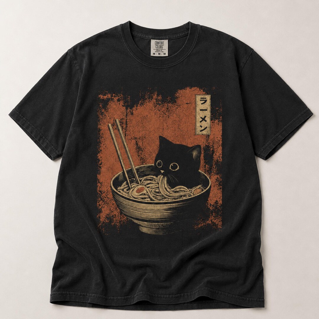 Ramen Cat Shirt, Vintage Japanese Cat Graphic Tee, Black Cat Ramen ...