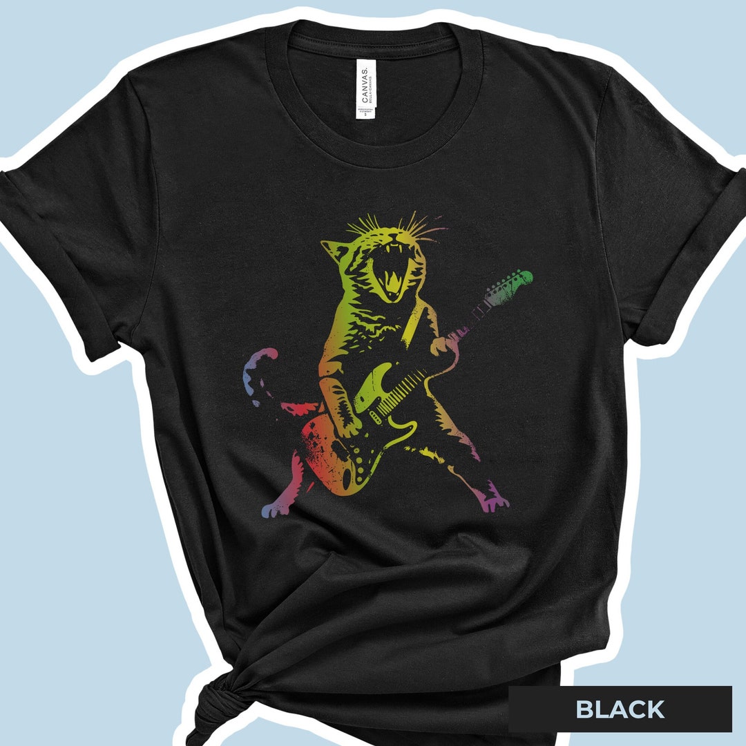 Rock Cat Playing Guitar Shirt With Rainbow Print, Funny Guitar Cat T ...