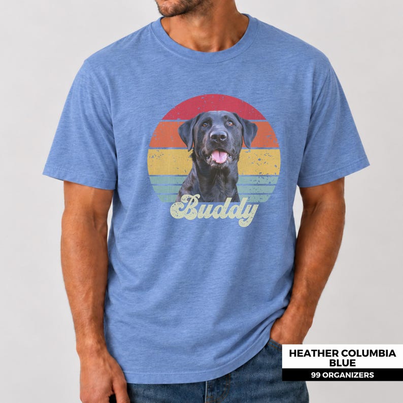 Personalized pet portrait design featuring a custom dog photo centered inside a distressed circular sunset with warm vintage stripes in red, orange, yellow, and teal. Large retro script lettering underneath displays the pet’s name. This custom dog or cat shirt makes a distinctive gift for pet lovers, dog parents, cat owners, birthdays, holidays, pet memorial keepsakes, and anyone looking to turn a treasured animal photo into wearable art.