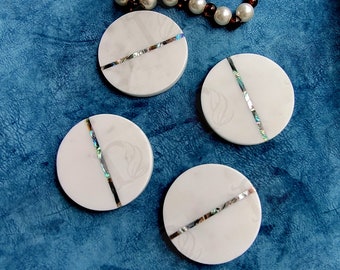 Set of 2,4,6 Round  White marble Handmade Coasters Tile, Natural Stone Coasters, DIY, Abalone Shell Inlay Tea Coaster set  EXPLORE NOW!!