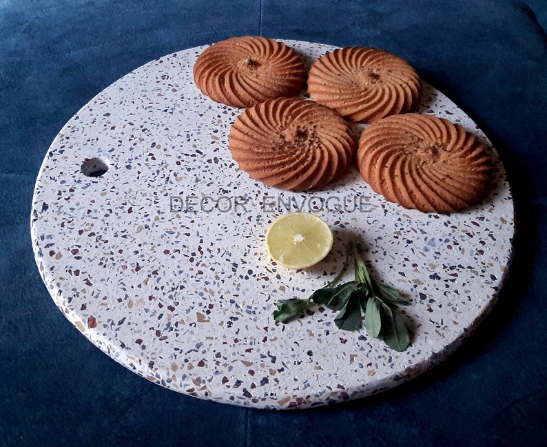 12X12 Beautiful White Round Marble Terrazzo Cheese Platter, Serving Platter, Chopping Board, Cheese boards, Cutting boards image 5