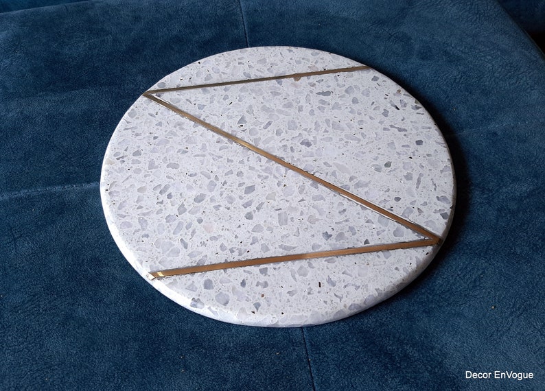 10X10 Beautiful White Round Marble Terrazzo Cheese Platter With Pure Gold brass inlay Work, Serving Platter, Chopping Board, Cheese boards image 5