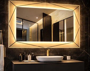 Niestandardowe, prostokątne, bezramowe lustra łazienkowe LED z 3 trybami kolorów, lustro z podświetleniem i funkcją przeciwmgielną, nowoczesna, luksusowa dekoracja ścienna, niestandardowy rozmiar