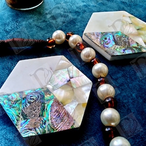 Set of 2,4,6 White Marble Coasters, Hexagon Tiles, Hexagon Natural Stone Coasters, Green Gold Abalone Shell Inlay Coasters set EXPLORE NOW!!