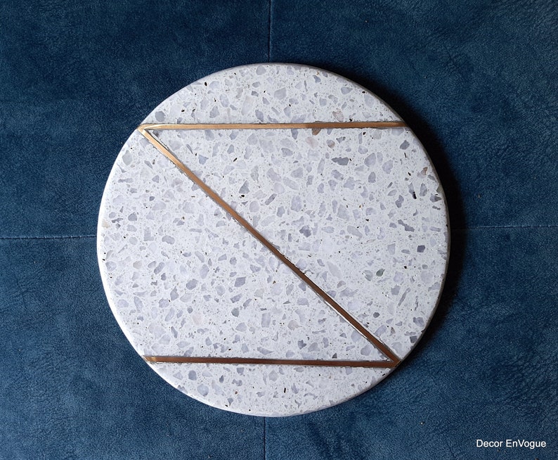 10X10 Beautiful White Round Marble Terrazzo Cheese Platter With Pure Gold brass inlay Work, Serving Platter, Chopping Board, Cheese boards image 4