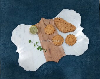 15X10, Gift for her, Charcuterie board with Natural Wood and White Marble, Unique Stone Cheese Board, Cheese & Snack Appetizer serving board