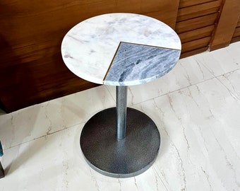 14.5" Natural White & Grey Marble Brass Inlay Round Coffee end table, Sofa table, bedside Table, furniture Decor, Accent table, Side Table