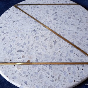 10X10 Beautiful White Round Marble Terrazzo Cheese Platter With Pure Gold brass inlay Work, Serving Platter, Chopping Board, Cheese boards image 3