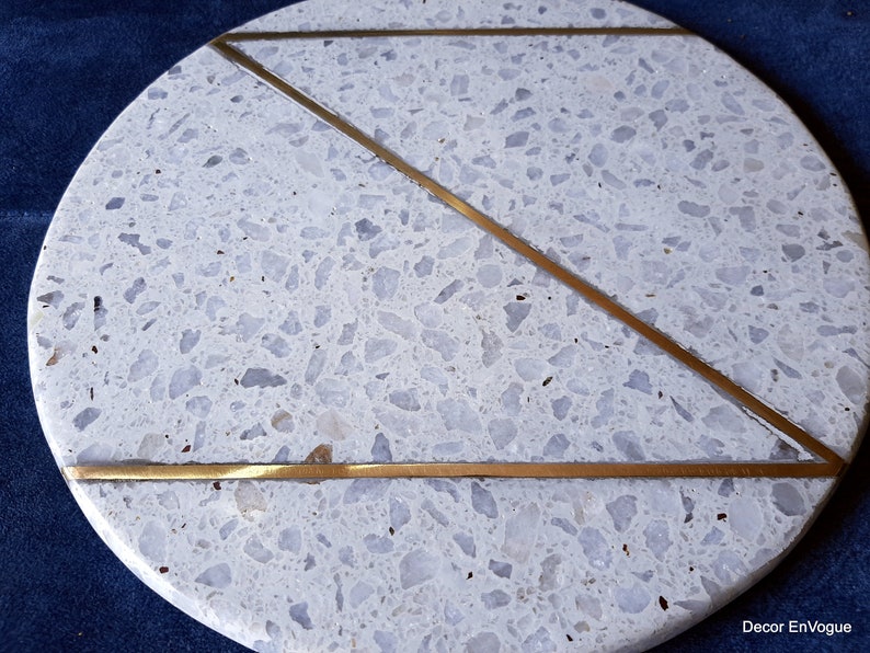 10X10 Beautiful White Round Marble Terrazzo Cheese Platter With Pure Gold brass inlay Work, Serving Platter, Chopping Board, Cheese boards image 3