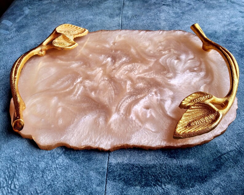 Set of Geode Agate Resin Tray with gold bar handles & | Etsy