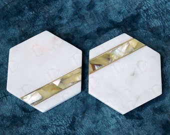 Set of 2,4,6 White Marble Tea Coasters, Hexagon tile Coasters or Natural Stone, DIY, Gold brass Mother Of Pearl Inlay Coasters EXPLORE NOW!!