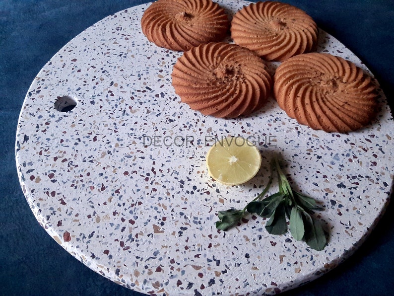 12X12 Beautiful White Round Marble Terrazzo Cheese Platter, Serving Platter, Chopping Board, Cheese boards, Cutting boards image 2