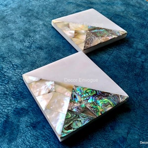 Set of 2,4,6 DIY Square White Natural Marble Or Stone Coasters tiles, Green & Golden Yellow Abalone Shell Inlay Coasters set EXPLORE NOW!!