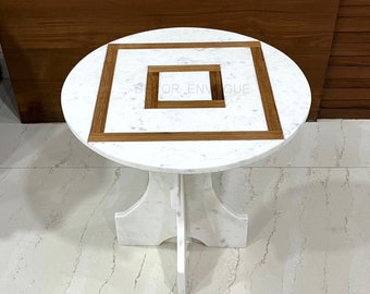 Beautiful, Unique White Natural Carrera Marble & Wooden Round Modern Coffee table Top, Wood Inlay Top, Sofa Side table, bedside Lamp Table