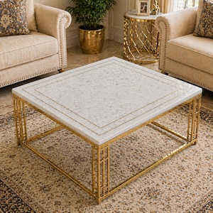 Custom Square Inlay White Marble Coffee Table, White Marble Center Table, Countertop, Accent Marble Table, Gold Brass inlay side table
