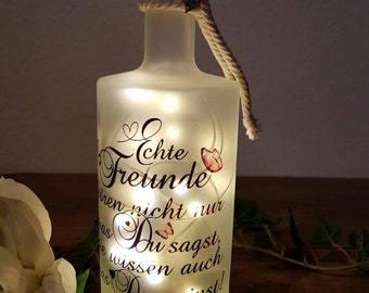 Lichtflasche Leuchtflasche Dekoflasche Dekoration mit Spruch Freundschaft Freundin Freunde Geburtstag Danke mit Geschenkbeutel