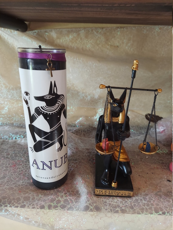 handmade 8" ANUBIS - Egyptian god of the dead - candle with Ankh charm.Handmade witchcraft candle 4 necromancy/road-opening/justice & more