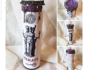 8" Handmade Hekate candle with triple key charms. Handpoured Hekate pagan witchcraft candles, available in any color