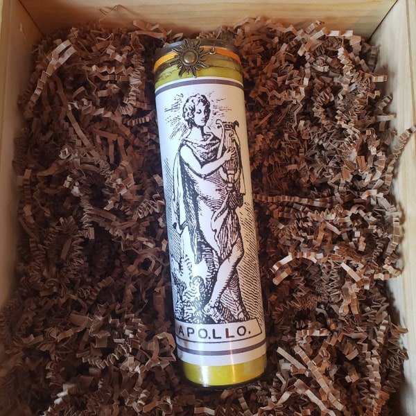 8" handmade Greek god Apollo candle w/ Sun charm. Scented and infused with herbs, roots, and oils. Pagan witchcraft candle. Sun god candle