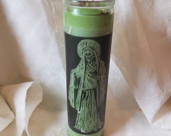 8" green Santisima Muerte candle. Handmade candle infused and dressed with herbs/roots/oils for money & success