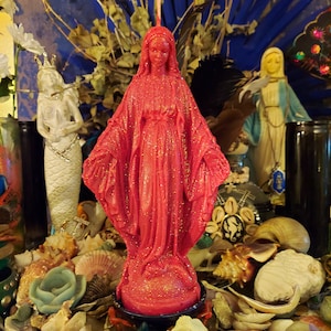 Handmade 9.5&quot; Glittery Virgin Mary candles, made to order in 11 colors! Blessed Virgin ritual candles / devotional candles