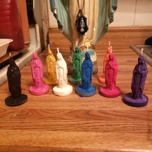 Handmade 3" tall glittery Virgin Mary tealight candles.  Sparkly Holy Virgin tealight in every color...