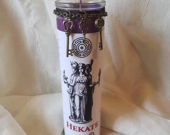 8" Handmade Hekate candle with triple key charms. Handpoured Hekate pagan witchcraft candles, available in any color